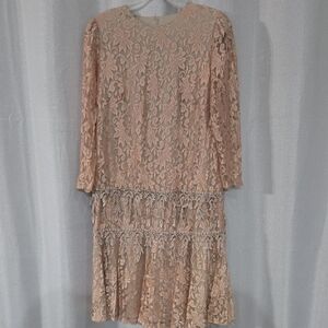 Elegant Lace Long Sleeve Dress in Beige